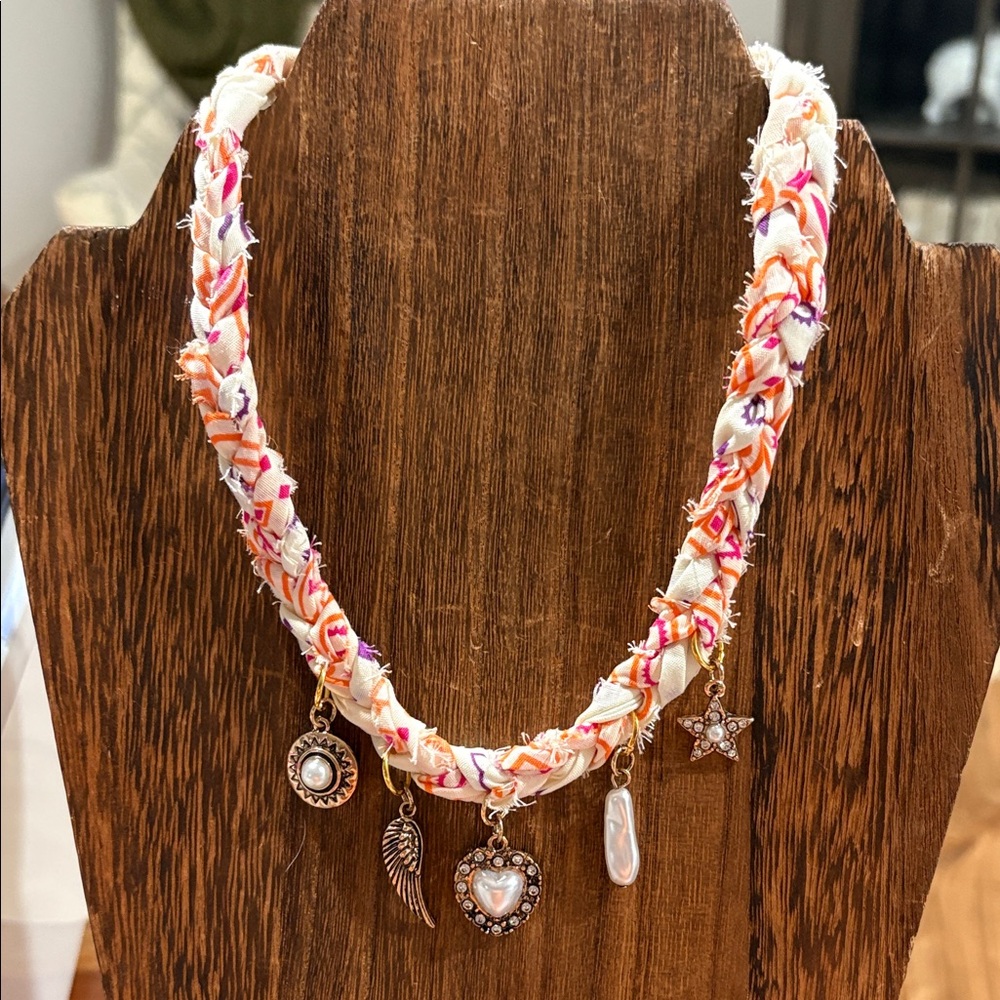 Handmade Braided Pink/Orange Necklace with Pearl Heart, Feather, & Star Charms